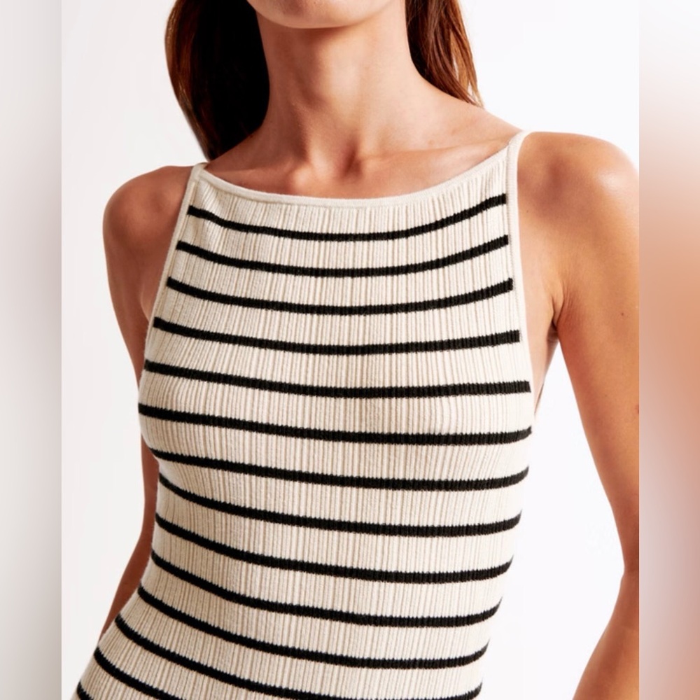 Abercrombie & Fitch High Neck Cream Stripe Ribbed Midi Sweater Dress L NWT - Picture 3 of 9